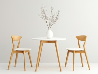 Compact dining set with a small round table and matching chairs in natural wood and white accents, isolated on a clean surface for cozy or urban spaces