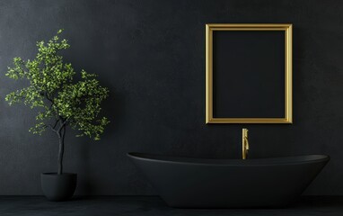 Contemporary black-themed bathroom with an elegant tub and blank frame designed for premium interior showcases or artistic lifestyle promotions