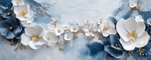 Delicate blooms flourish in an artistic arrangement against a serene blue backdrop with textured patterns enhancing their beauty