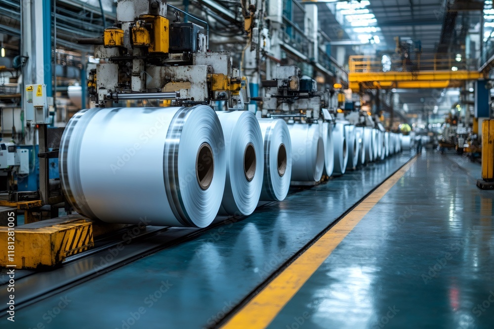 Poster automated machinery handling coils of sheet metal in modern factory