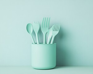 Mint-colored utensils arranged in a container against a pastel background.