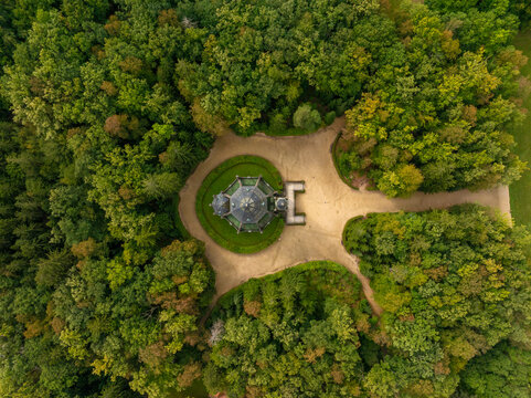 Aerial view of the beautiful schwarzenberg tomb surrounded by lush forest and tranquil park, Trebon, Czech Republic.