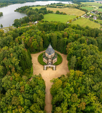 Aerial view of the serene schwarzenberg tomb surrounded by lush forest and picturesque greenery, Trebon, Czech Republic.