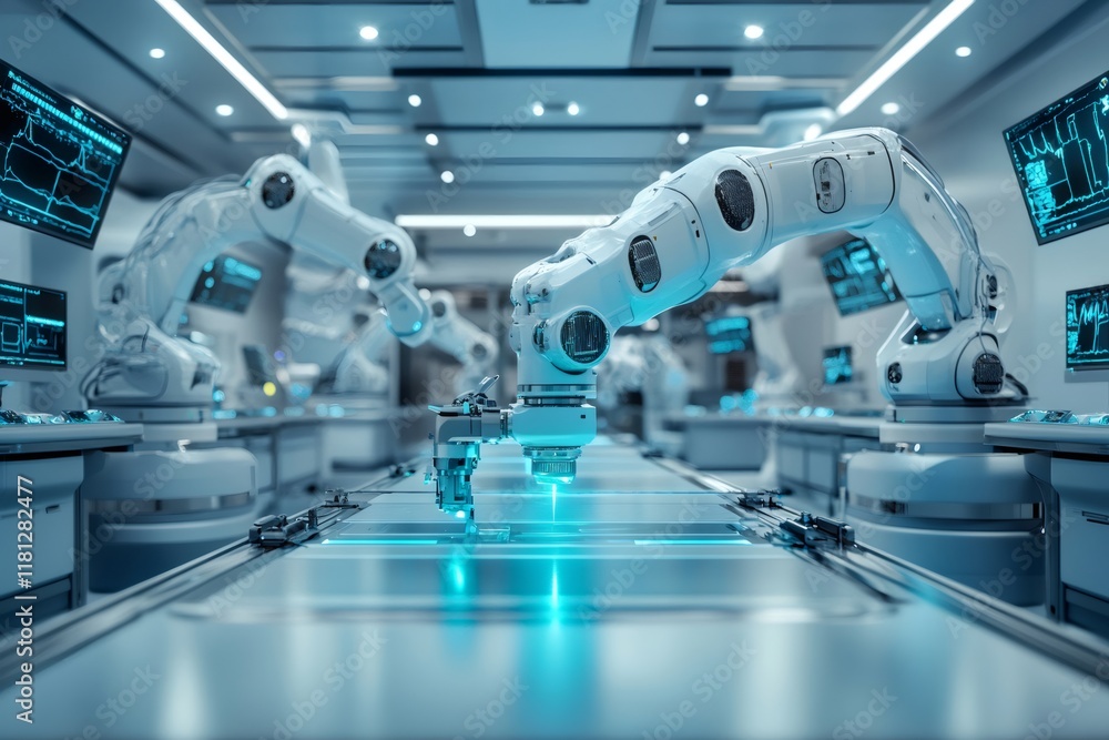 Fototapete Robotic arms manufacturing microchips in modern factory with automation and artificial intelligence