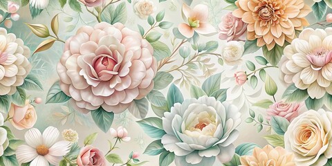 Elegant floral arrangement in a seamless pattern of interconnected flowers with soft pastel hues and delicate petals
