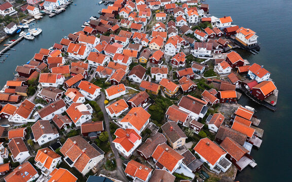 Aerial topdown view Gullholmen island west of Orust in Bohusl&auml;n, Sweden.