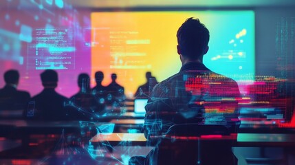 Person viewing data, colorful screen displays code.