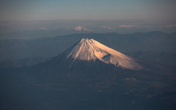 Aerial view of Mount Fuji seen from a window plane, Japan.