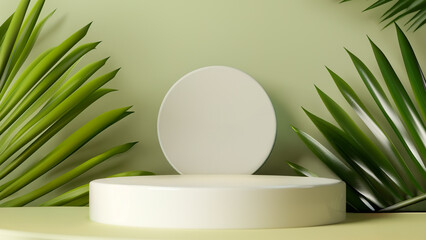 product display for product presentation with podium stand mockup platform and palm leaves
