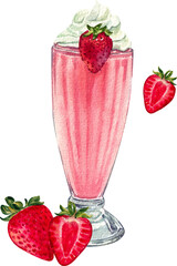 A glass of strawberry milkshake with a strawberry on top