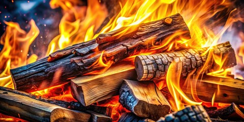 Fiery abstract image: double exposure of burning firewood, stacked logs ablaze, a fiery woodpile.