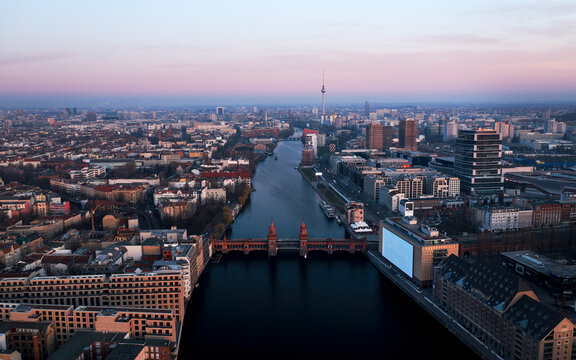 Aerial of Oberbaum Bridge in Friedrichshain, Berlin, Germany