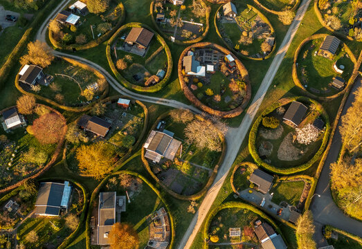 Aerial view of round gardens in Naerum, on the northern outskirts of Copenhagen, Denmark.