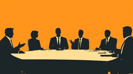 Silhouetted businesspeople converse around a table.