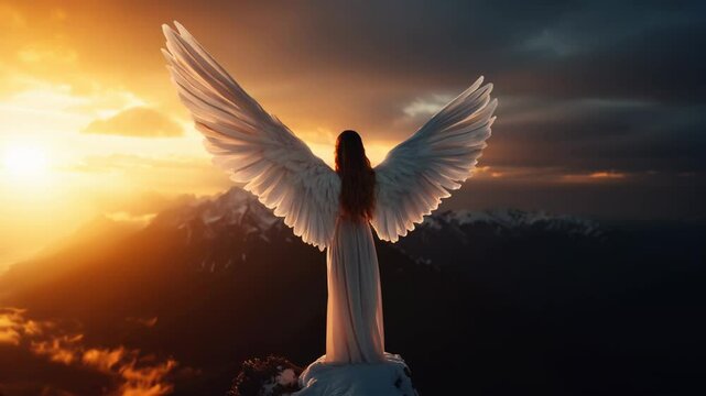 A back shot of a female angel guardian stands gracefully and looking at the landscape as the camera rotates around her in golden hour showing the Providence of god, her wings spread wide.