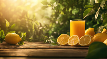Naklejka premium A glass of orange juice is on a wooden table with a bunch of oranges