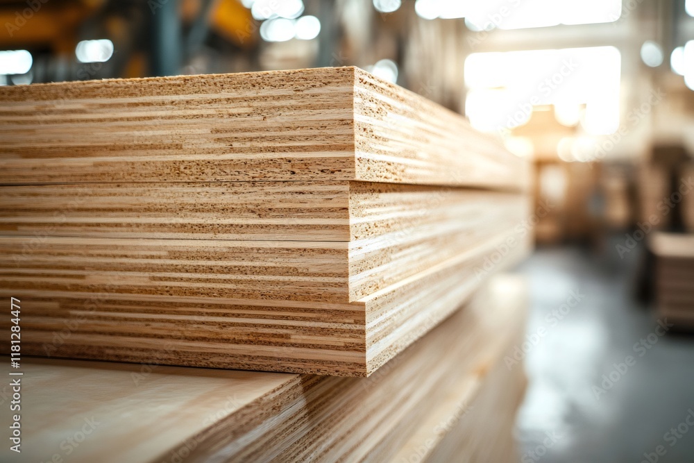 Poster stack of plywood sheets resting in a factory setting