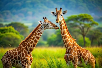 Obraz premium Gentle giants: Giraffes nuzzle, showcasing affection on the African savanna. Wildlife photography captures the tender moment.