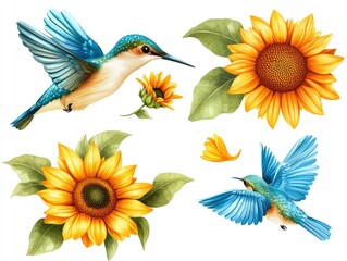Obraz premium A vibrant illustration featuring a kingfisher and sunflowers, showcasing nature's beauty.