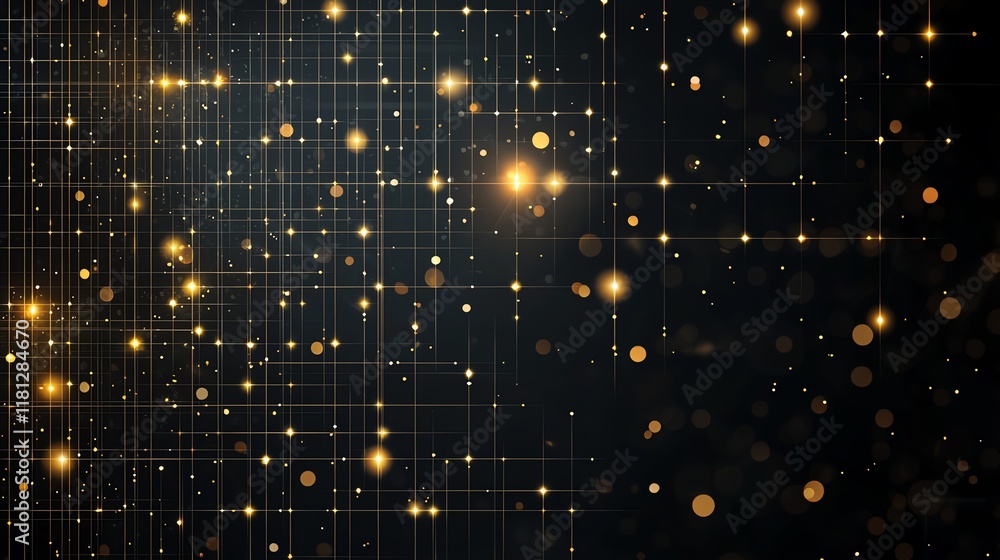 Poster an abstract background featuring glowing golden dots and interconnected lines against a dark backdro