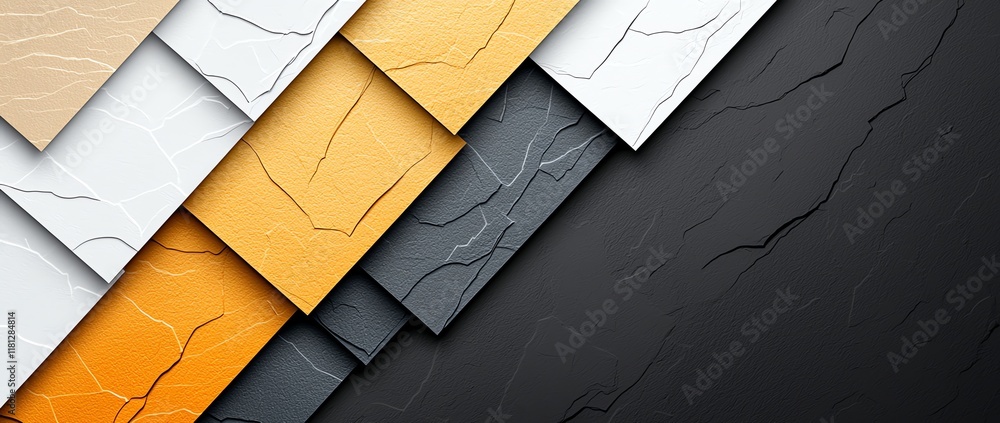 Poster an abstract composition of textured panels in various colors including white, orange, and gray, crea