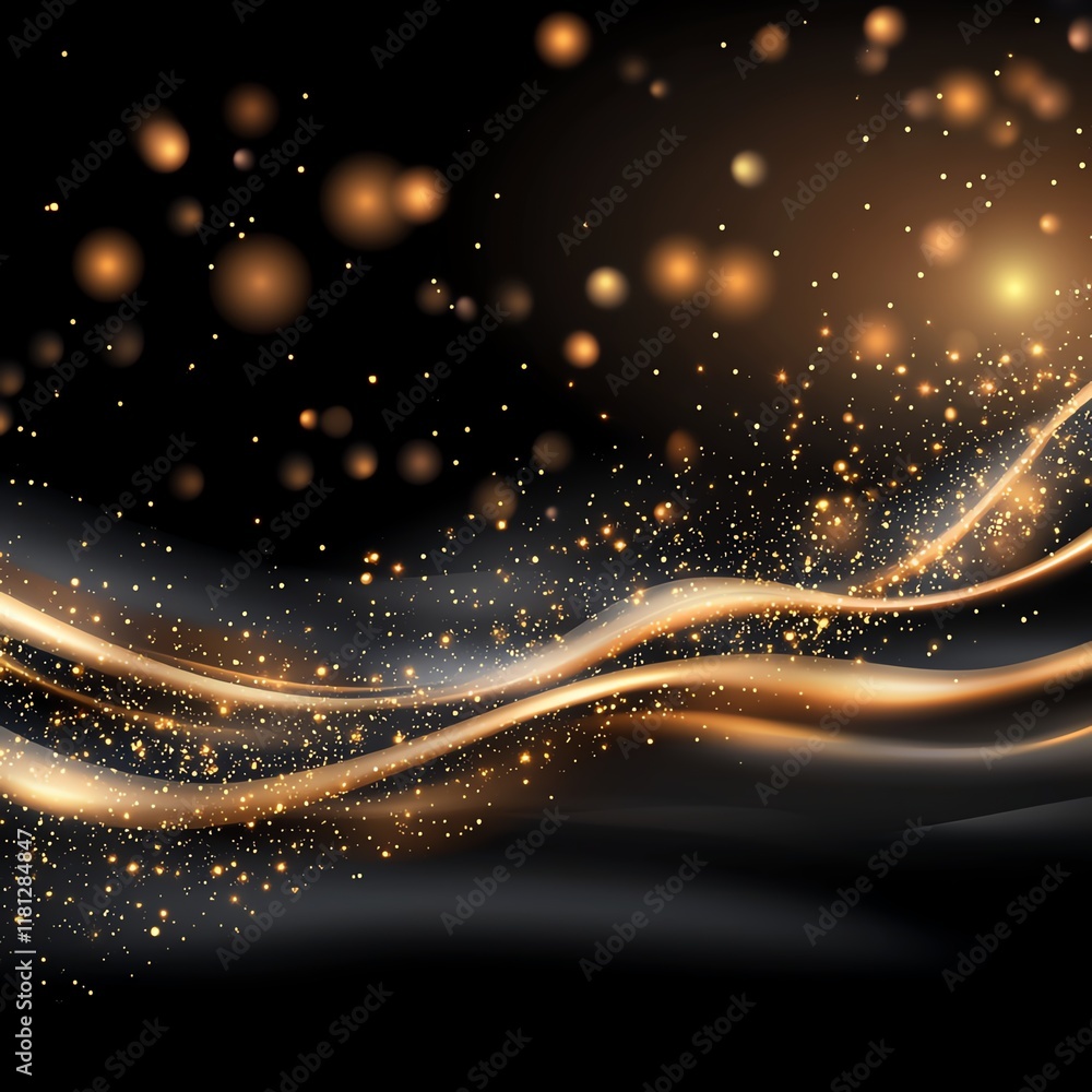 Poster an elegant abstract background featuring flowing gold lines and shimmering particles against a dark 