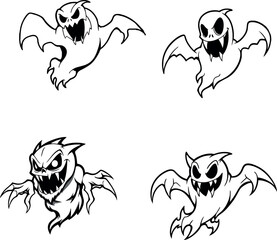 Four flying cartoon ghosts with menacing expressions for halloween decoration