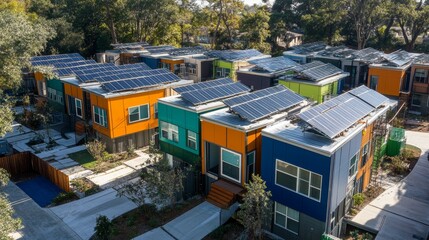 Naklejka premium Colorful solar-powered homes nestled in trees.