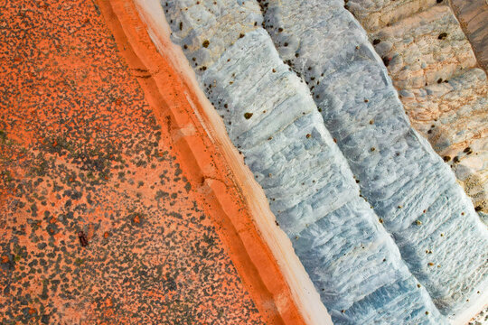 Aerial view of beautiful saline salt formations and textures, Great Northern Highway, Boral Quarries, Tabba Tabba, Pilbara Region, Australia.