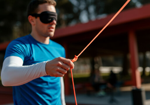 Team building exercise with blindfold challenge for group problem solving and trust building