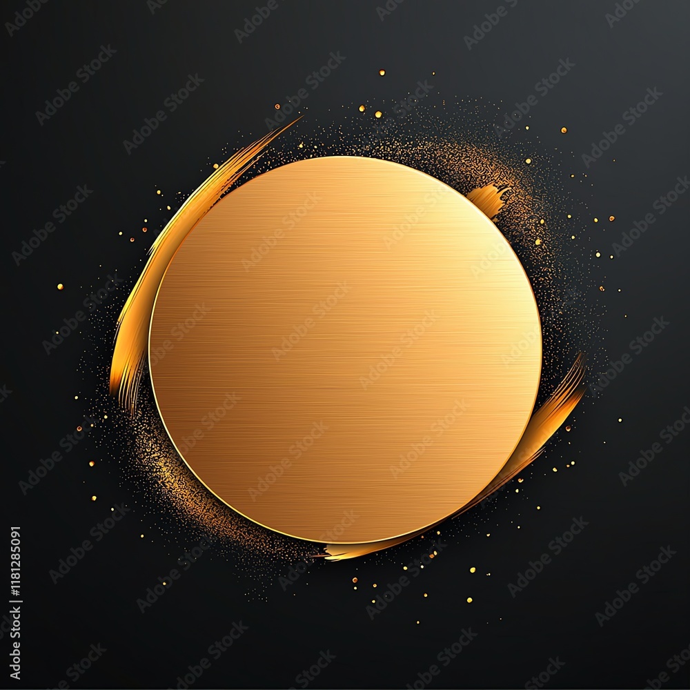Poster a stunning golden circular design with a brushed texture, accented by dynamic splashes of light and 