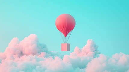 Fototapeta premium A digital artwork of a blank box suspended under a parachute, drifting effortlessly through a cloud-filled sky with soft pastel hues in the background, the mood is tranquil, serene, and introspective
