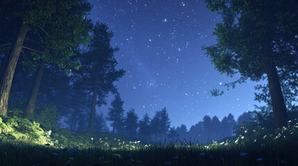 Naklejka premium Starry night sky over a tranquil forest clearing.
