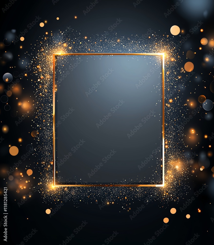 Poster a stunning abstract frame design featuring golden sparkles and a dark background, perfect for displa