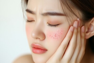 Dermatology, asian young woman reaction from atopic, insect bites on her arm, hand in scratching itchy red spot or rash of skin. Healthcare, treatment of beauty. Generative AI