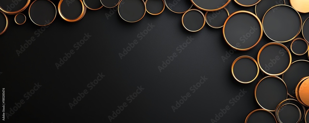 Poster an abstract design featuring various circular shapes in gold and black, creating a modern and elegan