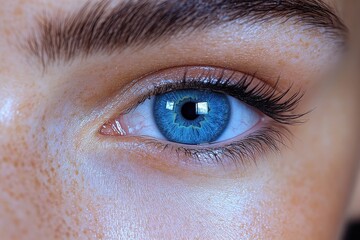 Obraz premium Close-up of a vibrant blue eye showcasing intricate details of the iris and eyelashes in natural light