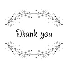 A thank-you card. Greeting card, thank-you letters and invitations. Monochrome frame, black and white illustration. Minimalistic abstract floral design. Delicate vintage patterns.