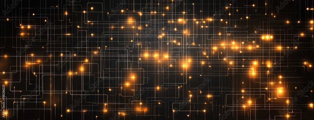 Poster a vibrant digital abstract background featuring glowing lights arranged in a complex grid pattern. p