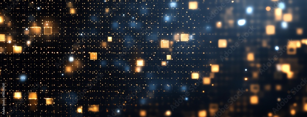 Poster a captivating abstract representation of digital connections and data flow, with glowing squares aga