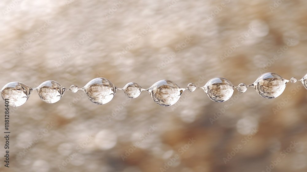 Poster a delicate chain of water droplets hanging from a spider web in the morning, reflecting sunlight wit
