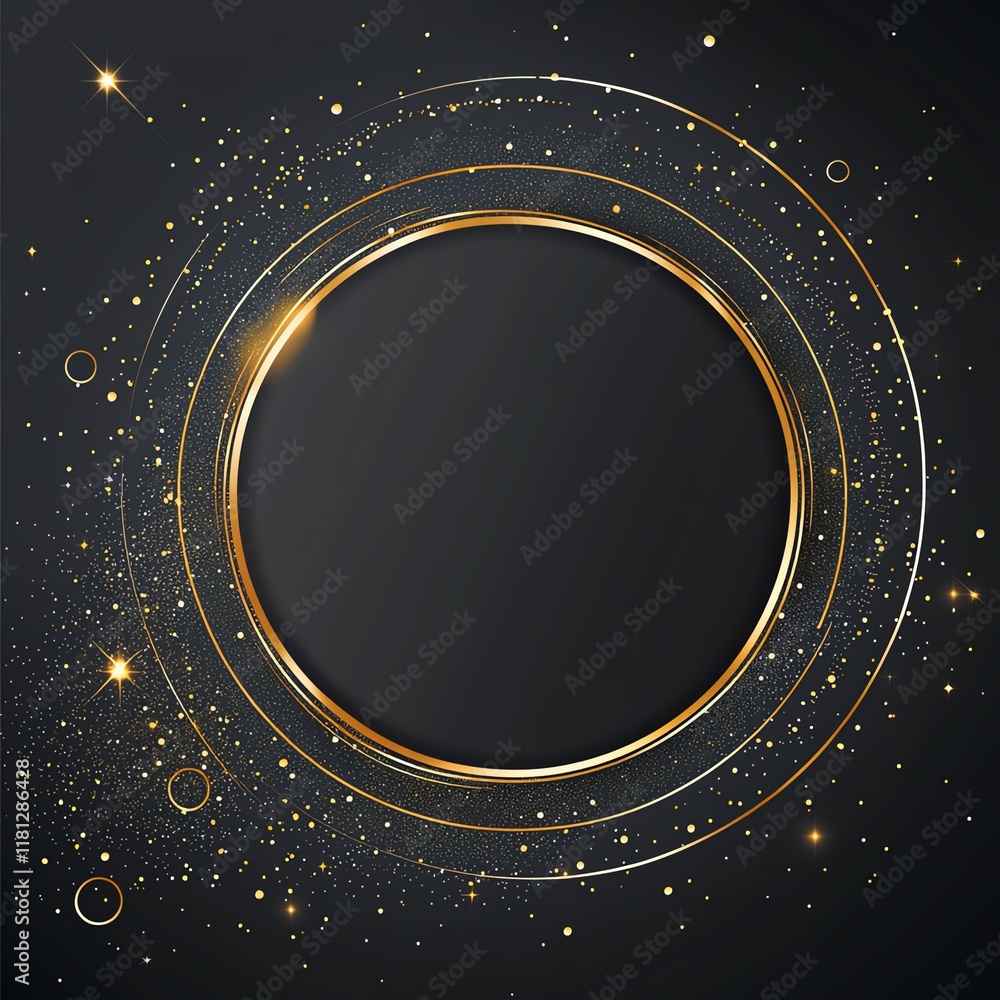 Poster A stunning abstract design featuring golden circles and sparkling elements on a dark background, perfect for creating elegant and modern graphics or art projects.