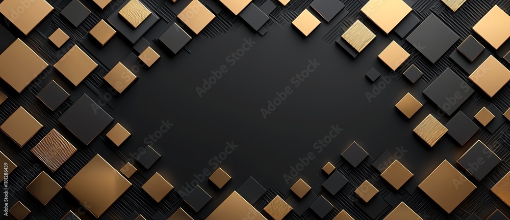 Poster an abstract geometric background featuring a blend of black and golden squares, creating a modern an
