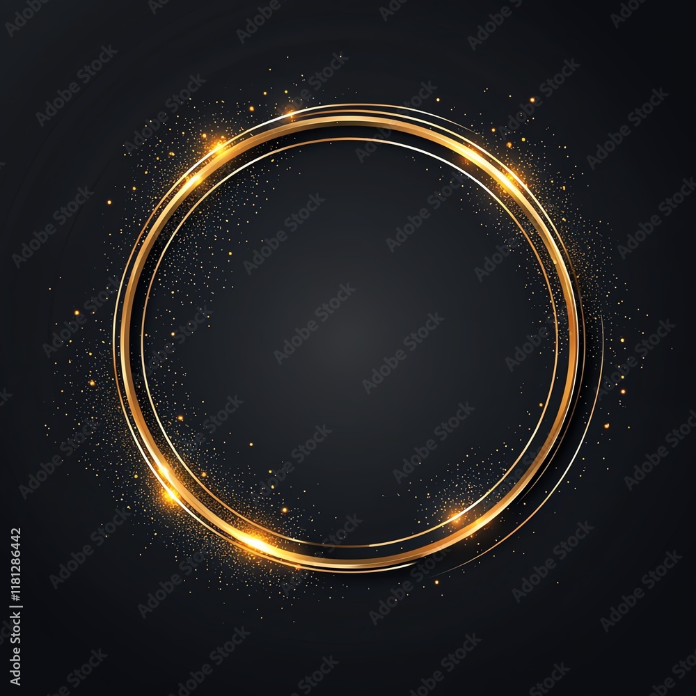 Poster A stunning circular frame with shimmering gold accents on a dark background. Perfect for highlighting text or images in design projects, creating an elegant and modern look.
