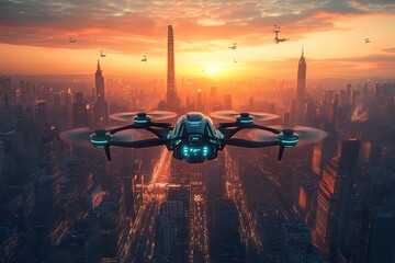 Futuristic Drone Soaring Over Cityscape At Sunset