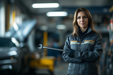 Wrench in the hands of woman a car mechanic on the background of a car being repaired in a garage auto service...