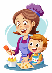 Mother and child baking cookies together, with flour on their faces and joyful expressions. Mothers Day Vector
