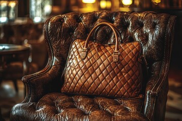 Luxury leather handbag elegantly placed on a vintage chair in a cozy lounge environment