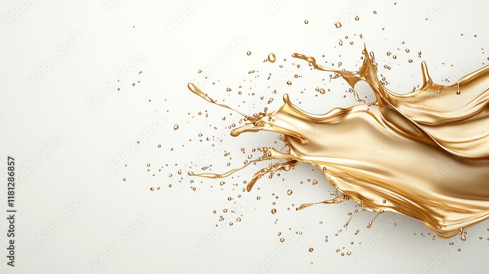 Poster dynamic gold paint splash on a clean white background, featuring smooth curves and droplets that cre