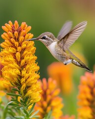 Fototapeta premium A hummingbird hovering near vibrant orange flowers in a natural setting.